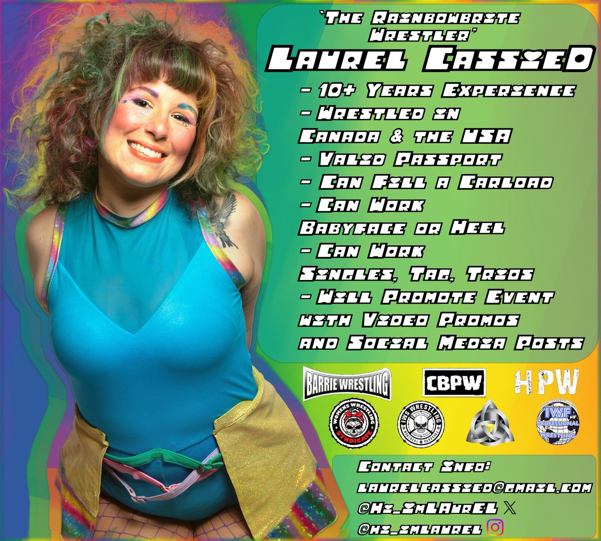 🌈✨ Rainbowbrite Wrestler Alert! 🌈✨ 

Hi I'm Laurel CassieD and I'm ready to light up the ring! Looking to fill some spots for May and June. 

Book the rainbow! 🌈