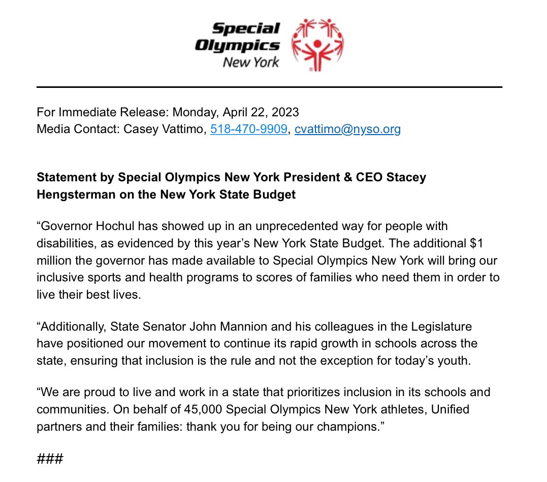 NEWS: Press Statement by @SpecOlympicsNY President & CEO @shengsterman on the #NYS Budget