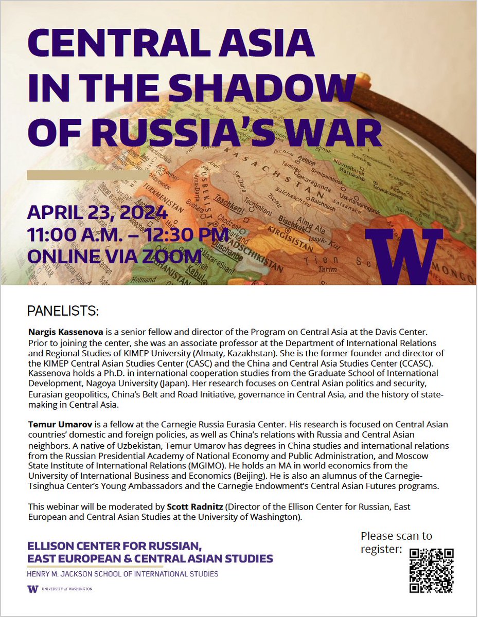 TALK | Central Asia in the Shadow of Russia's War - Featuring Nargis Kassenova and Temur Umarov with moderator @UWJSIS Prof Scott Radnitz. Tuesday, April 23, 2024, 11:00 am PDT - 12:30 pm PDT on Zoom. Register here: bit.ly/3vTRawZ @KassenovaNargis @TUmarov @SRadnitz