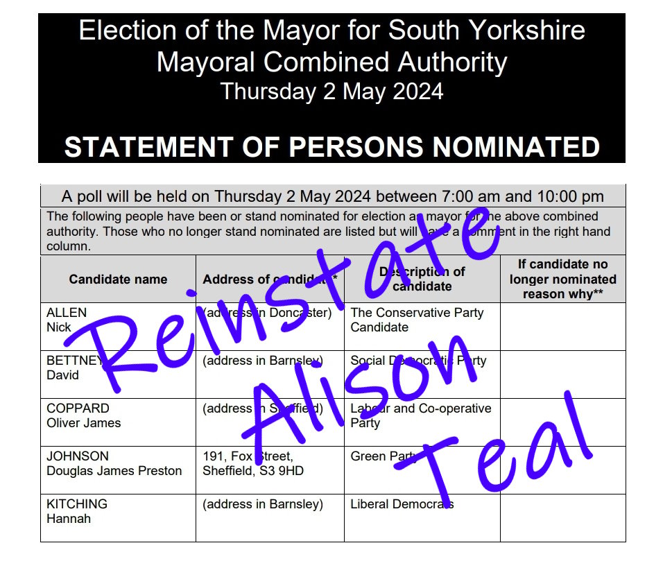 In protest at the appalling treatment and continued suspension of @alisonclareteal by @TheGreenParty  and @SheffieldGreens I will NOT be voting for @TheGreenParty candidate in the #Southyorkshire mayoral #LocalElections2024 
My ballot will look like this.⬇️
#ReinstateAlisonTeal