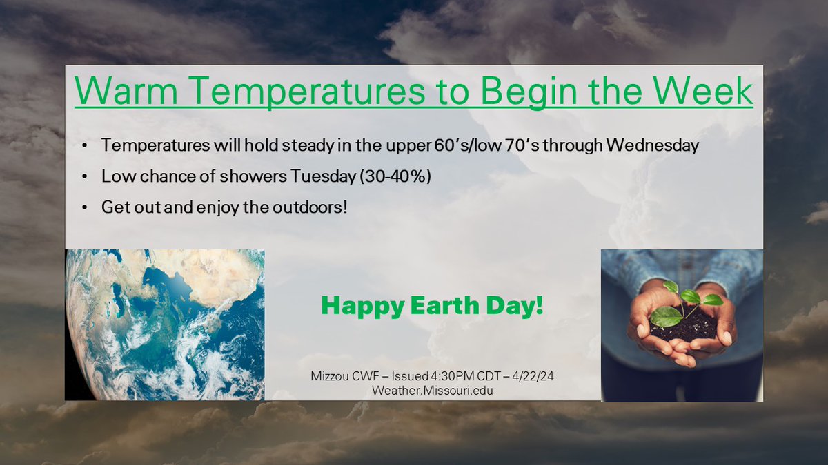 Happy Earth Day Tigers! 🌎 Warm temperatures will make their way into Central Missouri to start the week. A very brief chance of showers are possible Tuesday, but shouldn't amount to much of an impact. Get out and enjoy the weather this week! Learn more at weather.missouri.edu