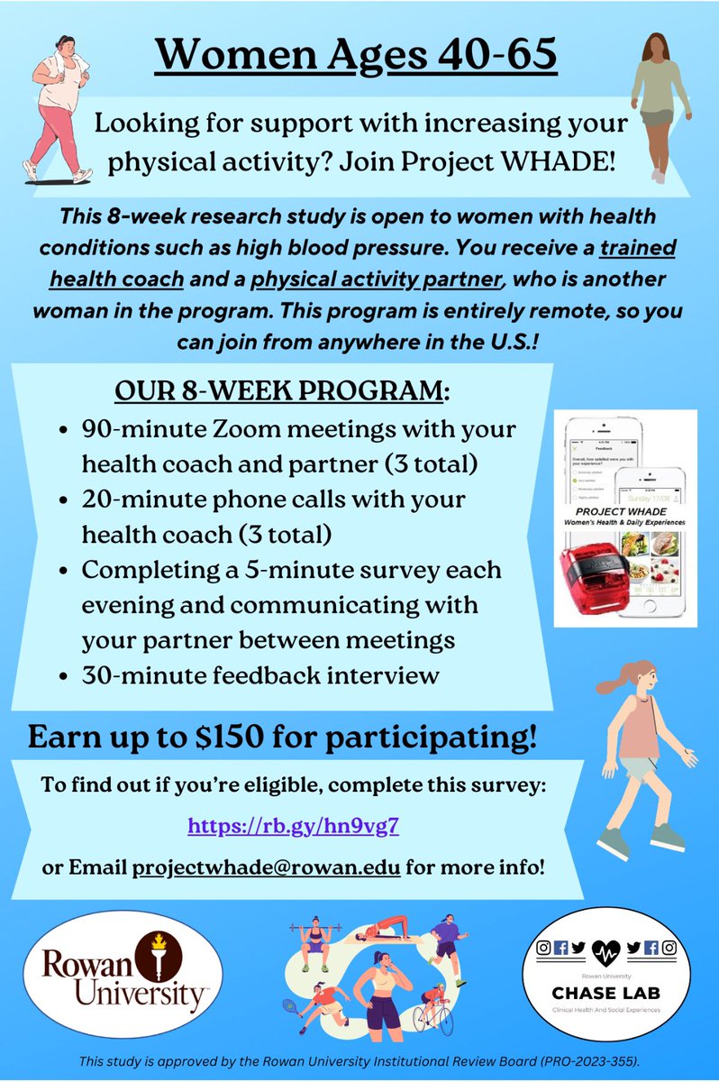 Dr. Dani Arigo, also now on BSky (same @) (@drdaniarigo) on Twitter photo 📢🚨 PLEASE SHARE <a href="/RowanCHASELab/">RowanU CHASE Lab</a>’s new study for women ages 40-65 who want to increase physical activity! 8-week program provides free skills coaching & will pair you with another woman for additional support. Click here to get started: rb.gy/ecqeuj #AcademicTwitter 📢🚨 PLEASE SHARE <a href="/RowanCHASELab/">RowanU CHASE Lab</a>’s new study for women ages 40-65 who want to increase physical activity! 8-week program provides free skills coaching & will pair you with another woman for additional support. Click here to get started: rb.gy/ecqeuj #AcademicTwitter