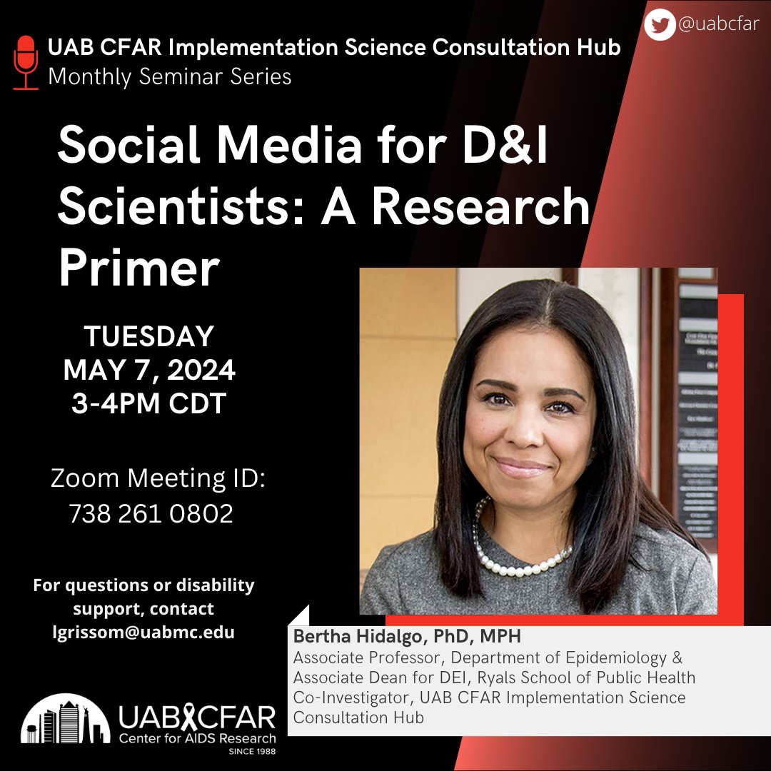 Join us Tuesday, May 7th at 3pm CDT for our Online Implementation Science Consultation Hub Monthly Seminar on Social Media for D&I Scientists. Zoom Link: conta.cc/3SDDXkb