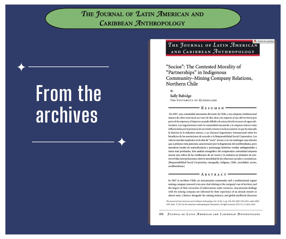 From the Archive: “Socios”: The Contested Morality of “Partnerships” in Indigenous Community–Mining Company Relations, Northern Chile // Sally Babidge ⬇️⬇️ doi.org/10.1111/jlca.1…