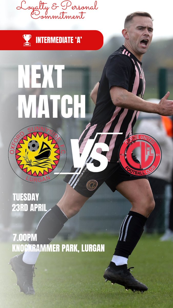 We keep going and travel to Oxford Sunnyside on Tuesday evening for our final midweek game of the season. Its a 7pm KO in Lurgan #itsalwaysredandwhite