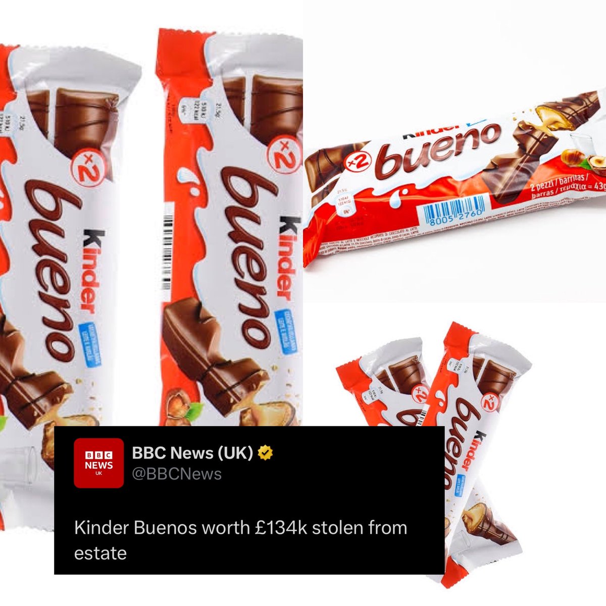 Han robado cientos de barras de chocolate de Kinder Bueno por un valor de 134,000 libras esterlinas, poco más de 2,800,000 de pesos mexicanos. El acontecimiento tuvo lugar en el polígono industrial de Gillibrands, Skelmersdale, Reino Unido.