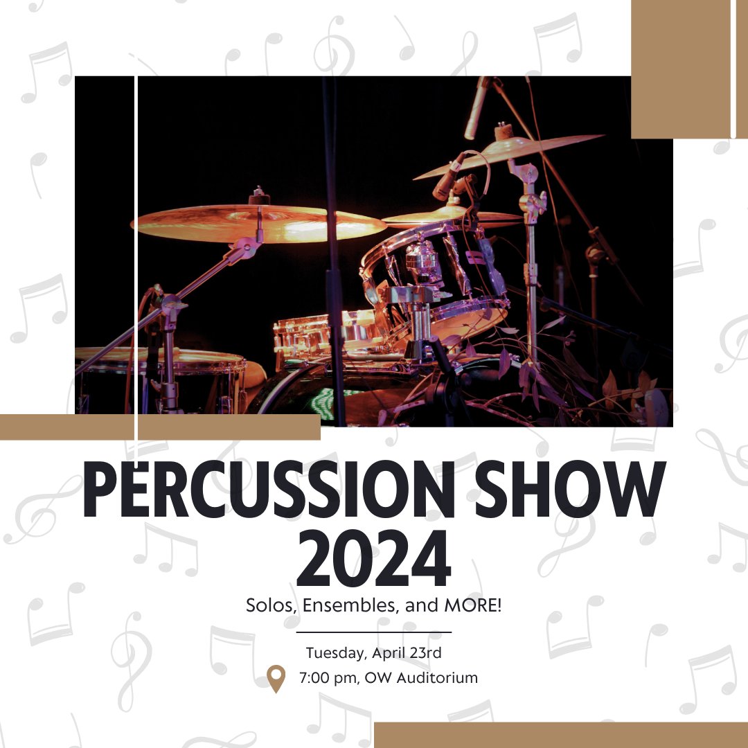 Please join us TOMORROW night for the 2024 Percussion Show! The Concert will feature percussion solos, ensembles, and will be BUCKETS of fun!