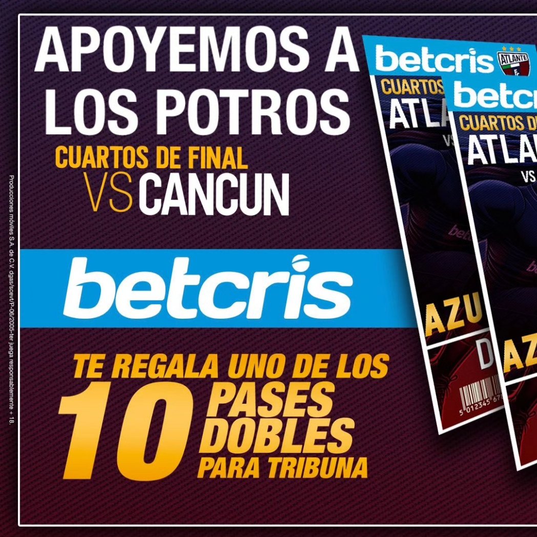 Atlante's tweet photo. ¡Apoya a nuestros #PotrosDeHierro🐎 con Betcris!

Se uno de los ganadores de 10 pases dobles en tribuna, para el partido de vuelta de cuartos de final del Clausura 2024 ante Cancún FC.

1️⃣Sigue a @betcrismex

2️⃣ Comparte esta publicación

3️⃣ Comenta etiquetando a un amigo (que también debe seguir a Betcris)

#ApuestaDeHierro

#SerAtlante #SerdeHierro #SerdelPueblo
