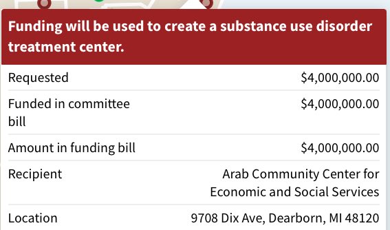 Arab-American group in Dearborn gets the biggest Congressional earmark in Michigan in the latest federal spending bill. $4 million for ACCESS to create a drug abuse treatment center. detroitnews.com/story/news/pol…