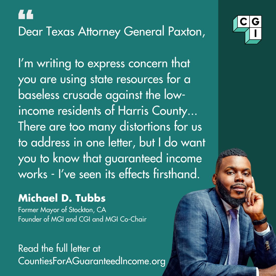 Our founder, @MichaelDTubbs, has just issued a letter to Texas Attorney General Ken Paxton: guaranteed income works.

Read the full letter at CountiesForAGuaranteedIncome.org.

#HarrisCounty #GuaranteedIncome