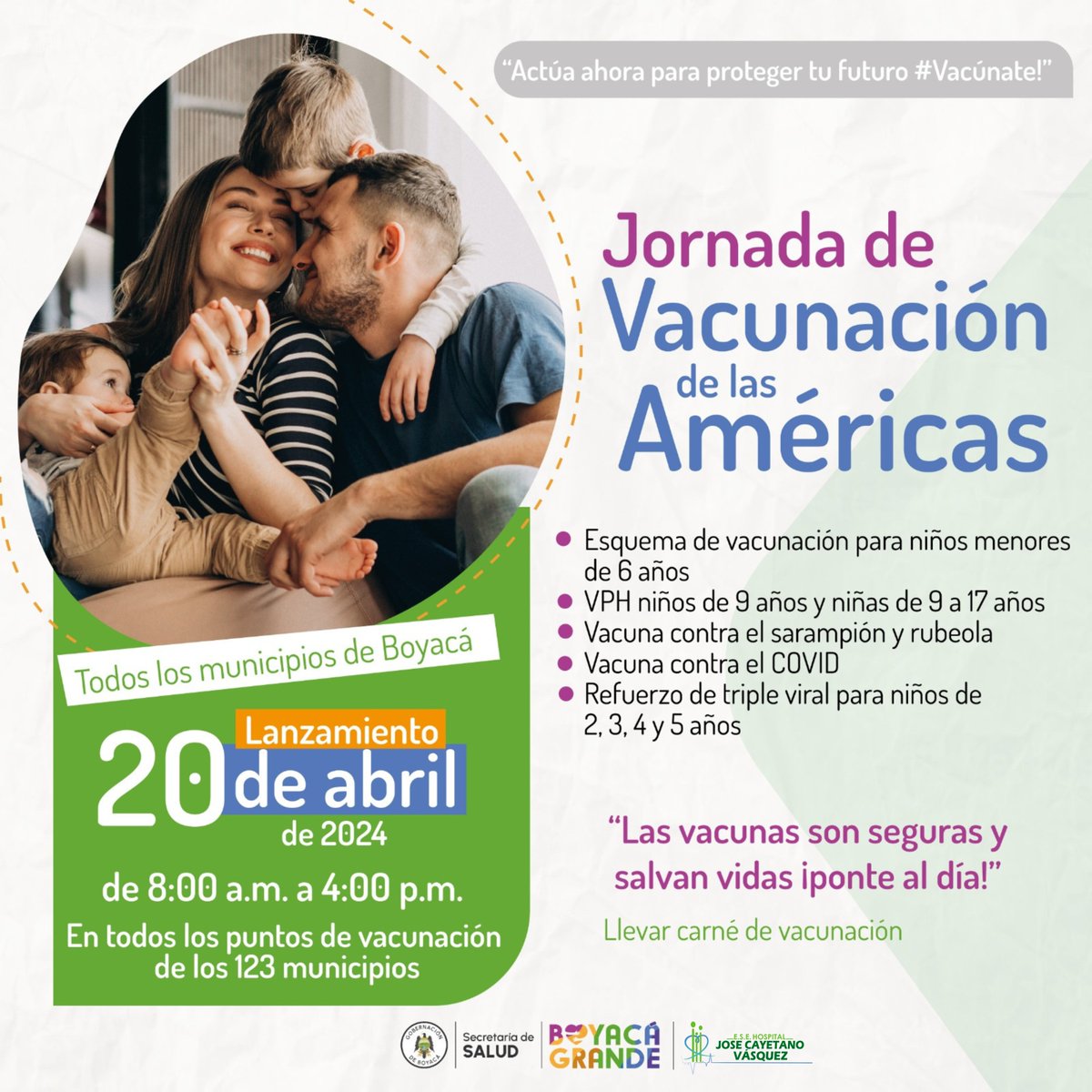 🏥📈💚 En la ESE Hospital José Cayetano Vásquez,nos unimos a la Jornada de Vacunación de las Américas hoy 20 de Abril lanzamiento.

¡Protejamos la salud de nuestros niños y niñas! ¡Vacunémonos juntos! #JornadaDeVacunación #VacunasSalvanVidas #HospitalComprometido