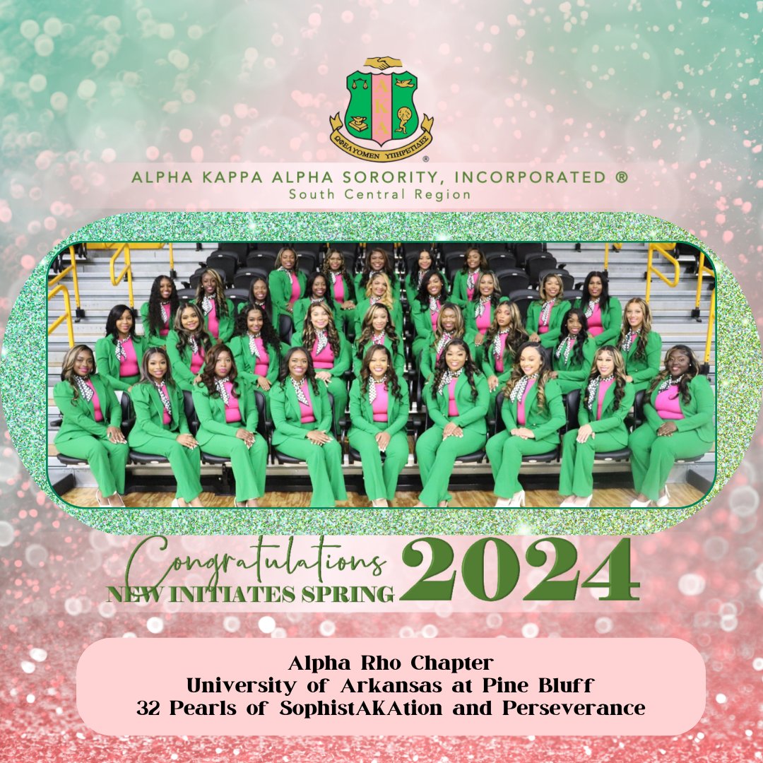 SouthCentralAKA's tweet photo. Congratulations to the newest members of Alpha Kappa Alpha Sorority, Inc. ® in the Always Pretty Alpha Rho Chapter on the campus of  the University of Arkansas at Pine Bluff. Meet and greet the 32 Pearls of SophistAKAtion and Perseverance! #AKA1908 #WeAreSouthCentral https://t.co/r5Xe22JfNm