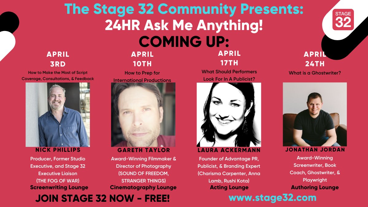 This Wednesday, Jonathan Jordan is having a 24-hour #AMA on @Stage32, focused on “What is a #Ghostwriter?” stage32.com/lounge/playwri… You can post your questions now for Jonathan to answer Wed. #Ghostwriting #WritingCommunity #Screenwriter #AskMeAnything #Stage32 #IAMSTAGE32