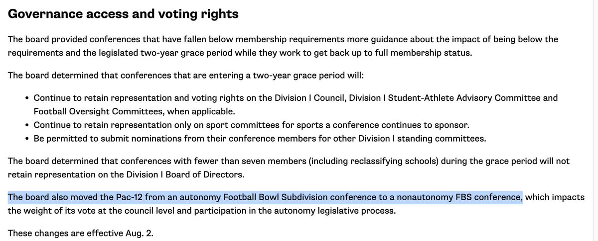 Also expected but now official: The DI Board of Directors stripped the Pac-12 of autonomous legislative powers and removed their representation on the board.