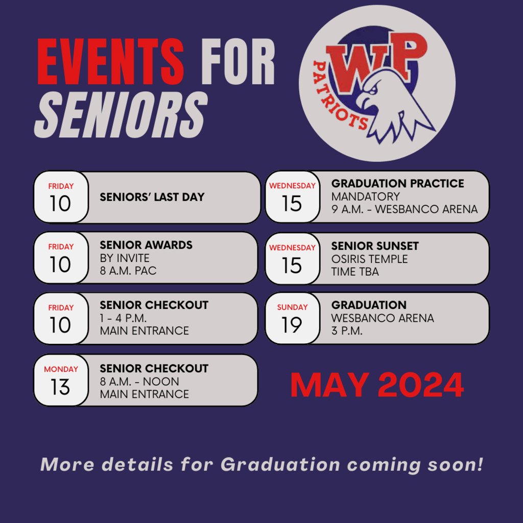 Senior Photo has been rescheduled for Wednesday, April 24 at 7:30 a.m. in the Gym. Check out all these other Senior related dates too. More details on all events will be shared as we get closer.