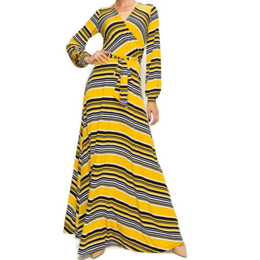 Yellow White Navy Stripe Bell Long Sleeve Evening Formal Faux Wrap Maxi Dress tuppu.net/4475acb2 #bridesmaid #wedding #womenfashion #plussizefashion #janettefashion #maxidress #smallbusiness #jumpsuits #FauxWrapDresses