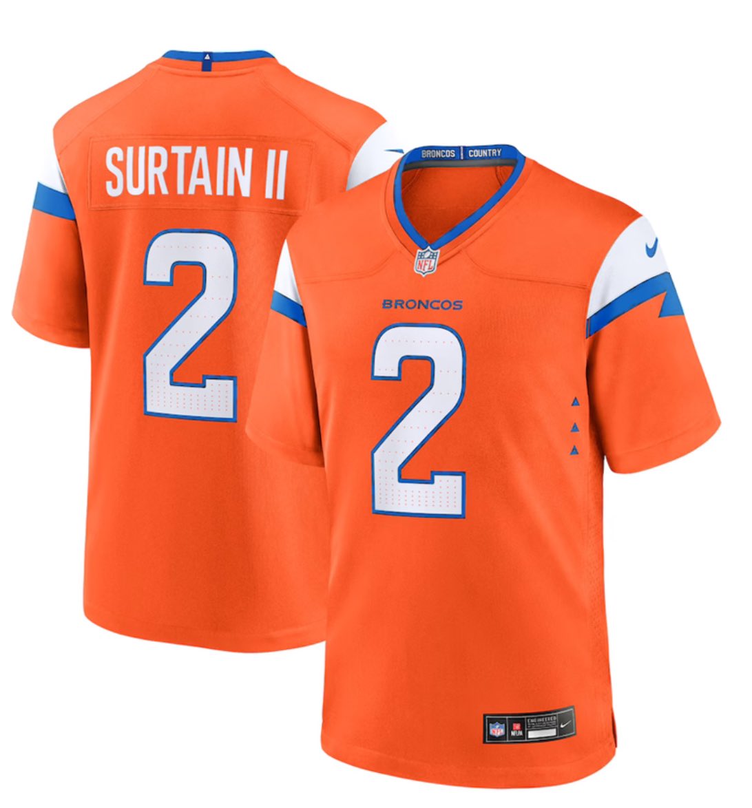 TheBetterShea's tweet photo. While I like the new #Broncos jerseys, I feel that they would benefit from a lighter shade of blue, making them more like modern throwbacks. I’ve edited the new jerseys to be more akin to modern throwbacks. What do y’all think? #BroncosCountry @BrandonPerna @fashion_nfl https://t.co/3HNvRxVM0K