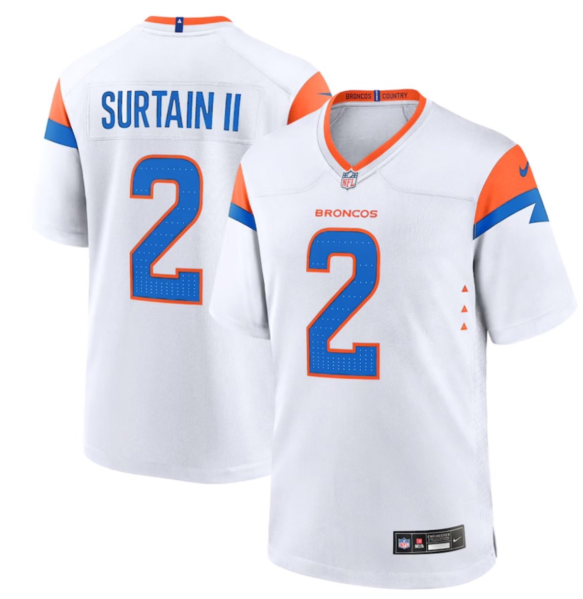 TheBetterShea's tweet photo. While I like the new #Broncos jerseys, I feel that they would benefit from a lighter shade of blue, making them more like modern throwbacks. I’ve edited the new jerseys to be more akin to modern throwbacks. What do y’all think? #BroncosCountry @BrandonPerna @fashion_nfl https://t.co/3HNvRxVM0K