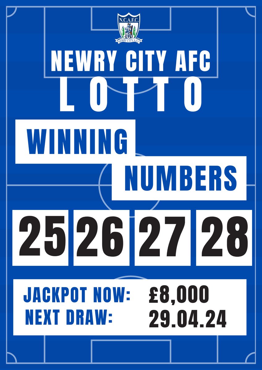 💰 𝗟𝗢𝗧𝗧𝗢 𝗡𝗨𝗠𝗕𝗘𝗥𝗦 💰 NCAFC Lotto nos for Monday, April 22nd are: 25, 26, 27 & 28. No jackpot winner, no £10 winners. The JACKPOT next week is £8,000. Lotto tickets available from Clanrye Lighting, Crozier’s Bar, Nan Rices, McSwiggan’s Bar & Mace Express. 🔵⚪️