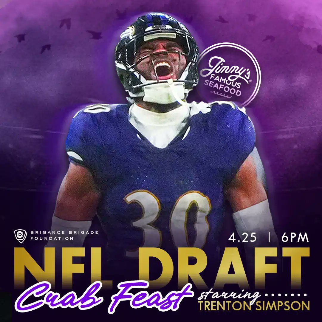 🏈 It’s #NFLDraft Week! Watch the action unfold this Thursday with Trenton Simpson, when he hosts a Crab Feast at Jimmy’s! 🍻 🦀 Proceeds benefit @BriganceBrigade - grab your tickets now! 🐦‍⬛