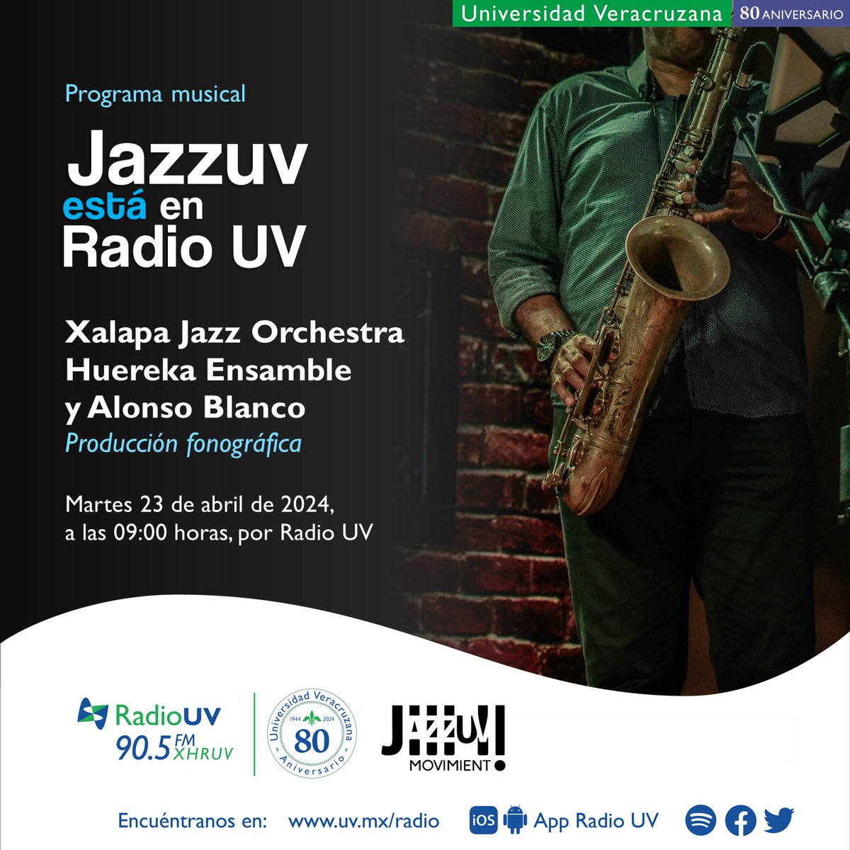 ¡Sigue disfrutando las propuestas musicales de creadoras y creadores #JazzUV, a través de la señal de Radio UV! 🎼 Mañana escucharemos la presentación de Xalapa Jazz Orchestra, Huereka Ensamble y Alonso Blanco. 🎧23 de abril | 9:00 horas | 90.5 FM