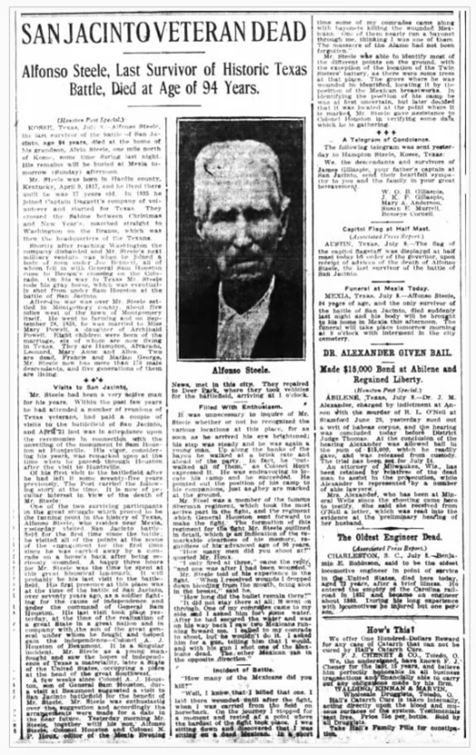 SaveTXHistory's tweet photo. Alfonso Steele was the longest-surviving combatant of the Battle of San Jacinto at the time of his death on July 8, 1911. His story is told in part through the land records and maps in the @TXGLO Archives. #SaveTXHistory https://t.co/ZtGZ76lsyv https://t.co/Wt5antqftR