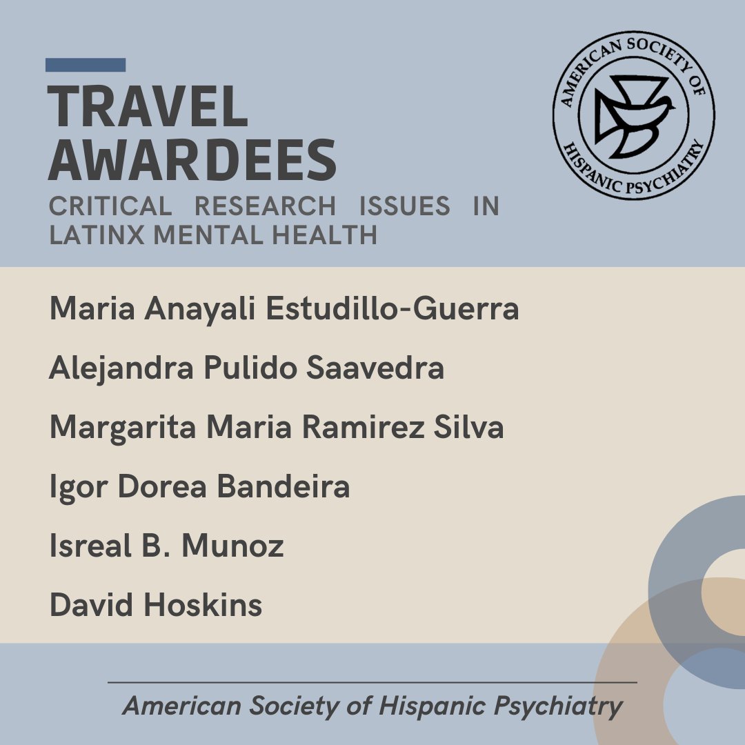 I'm excited to share that I've been chosen as a recipient of one of the 2024 American Society of Hispanic Psychiatry (@hispanicpsych) Travel Awards. I will present preliminary data from our Opiate Suicide Study in Patients With Major Depression (clinicaltrials.gov/study/NCT04116…).