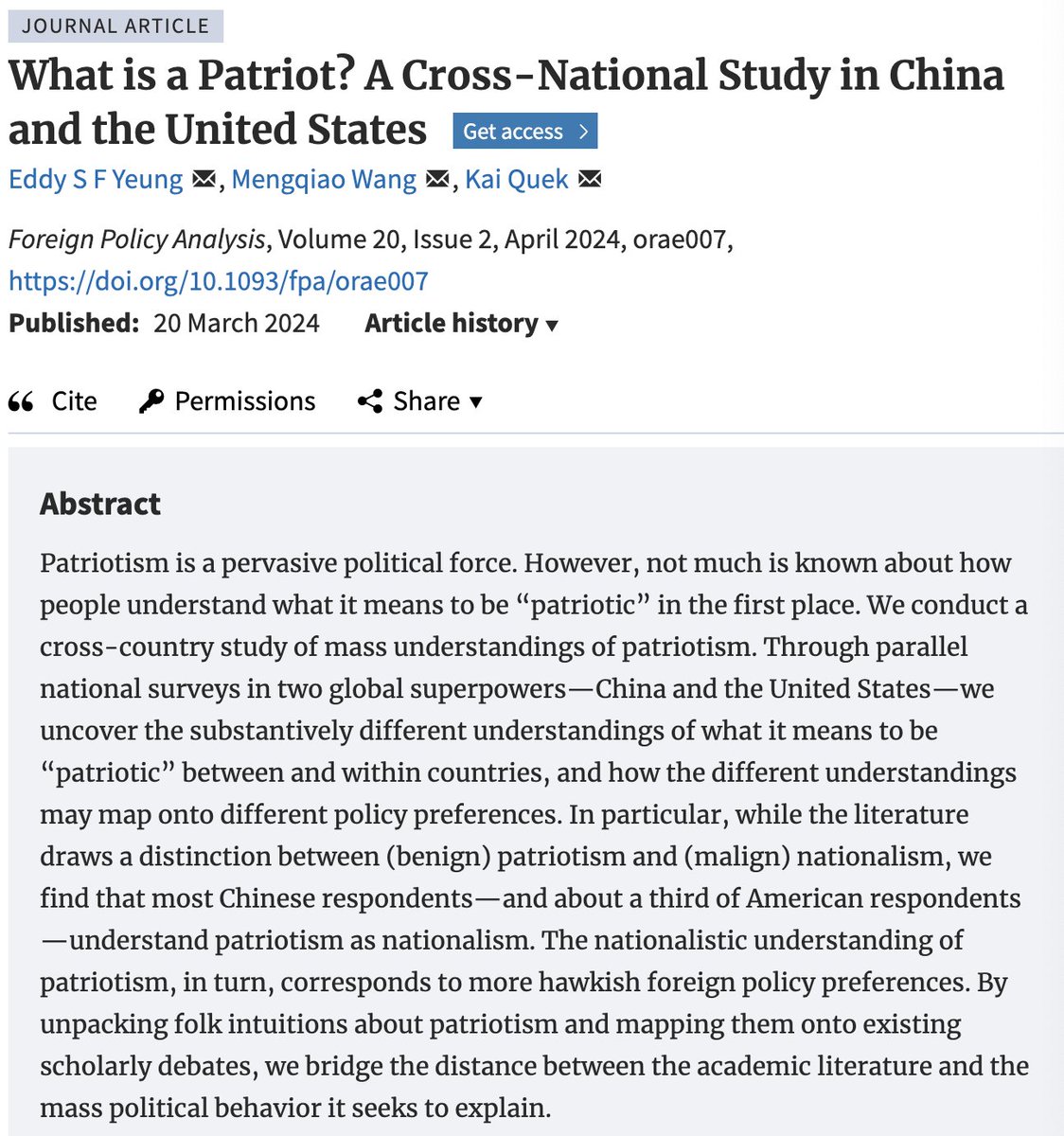 In their new 2024 research note 'What is a Patriot', Eddy S F Young, Mengqiao Wang, and Kai Queck conduct parallel national surveys of mass understanding of patriotism in two global superpowers China 🇨🇳and the United States 🇺🇸 academic.oup.com/fpa/article-ab…