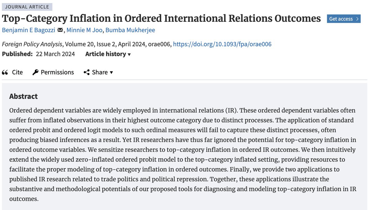 In their new research article 'Top-Category Inflation in Ordered International Relations Outcomes', Benjamin E Bagozzi, Minnie M Joo, and Bumba Mukherjee discuss issues with using ordered dependent variables within IR academic.oup.com/fpa/article-ab…