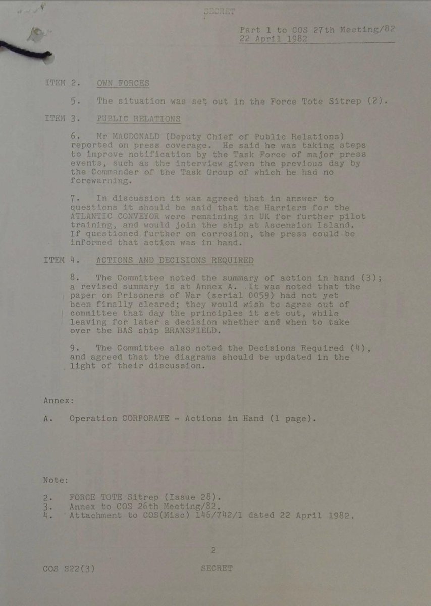 April 22nd 1982: An MOD meeting discusses Soviet Kosmos Satellites potentially supplying intelligence to Argentina, and touches upon the recent flights of Argentine passenger jets to spy out the task force.