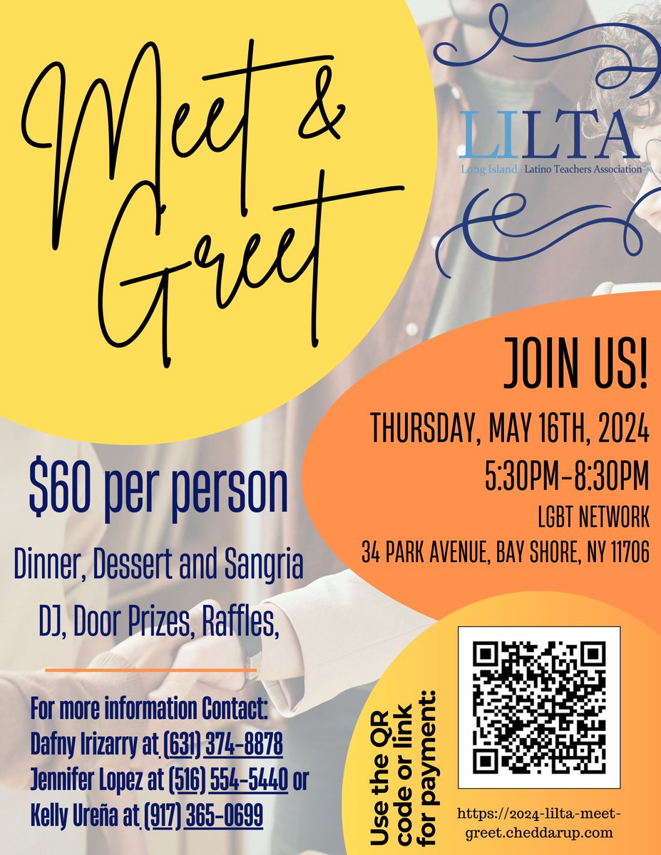 🌟 Join LILTA for an enjoyable evening at our next meet &amp; greet! Network with purpose and indulge in delicious dinner, desserts, and sangria. Plus, don't miss your chance to win amazing raffle/door prizes! Save the date and let's make meaningful connections together 🫱🏽‍🫲🏼