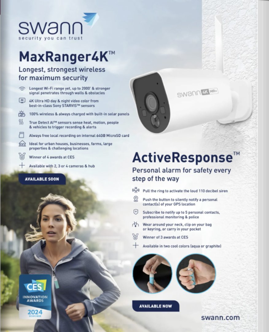 Thank you @InnoTechToday for the feature on @SwannSecurity's top products from @CES- the MaxRanger4K and Active Response! 

Full Issue: innotechtoday.com/volume9-issue2/

#Tech #Technology #Security #CES2024 #CES #U2