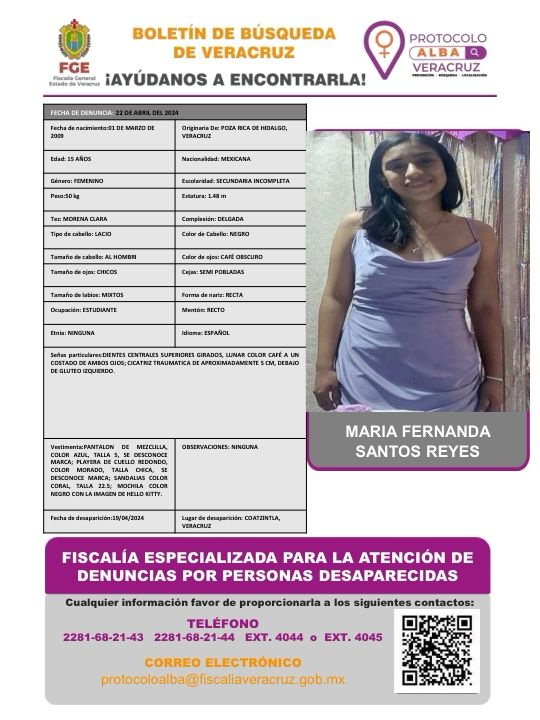 Se solicita su colaboración para la localización de María Fernanda Santos Reyes