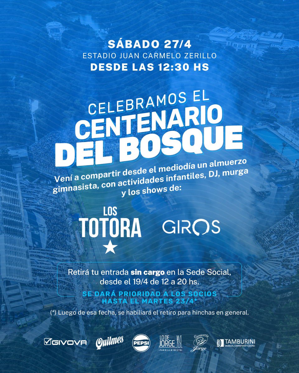 ¡SE VIENE LA FIESTA POR EL CENTENARIO DEL BOSQUE! 🌳💙 🪪 Socios y socias tiene prioridad hasta mañana para retirar su entrada en la Sede Social. 🎟️ Cada socio puede retirar hasta 2 entradas. 👉🏻 De quedar un remanente, se libera el mismo para no socios. 🎤 Te recordamos que para…