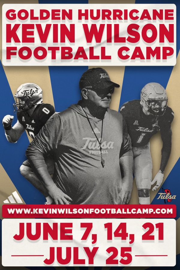 Sign up and come COMPETE! Looking forward to seeing the next generation of skill get after it. @TulsaFootball kevinwilsonfootballcamp.com