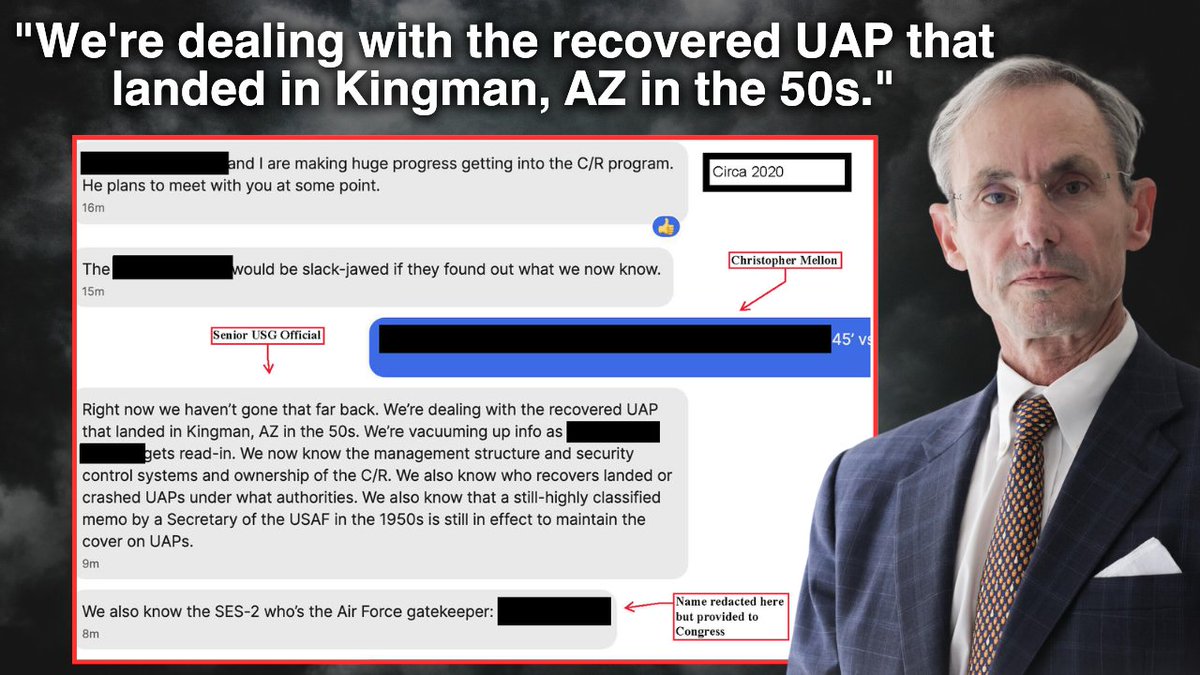 'We're dealing with the recovered UAP that landed in Kingman, AZ in the 50s.' 🕵️‍♂️🛸 Chris Mellon publishes messages with an alleged 'Senior USG Official' relating to UAP crash retrieval programs. Is this catastrophic disclosure?