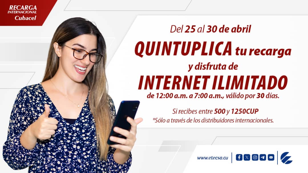 ¡Nuestros clientes 👥️️ lo han pedido y estamos complaciendo! 🤗 Quintuplica tu recarga y disfruta de datos ilimitados de 12:00a.m. a 7:00a.m. 👉 Del 25 al 30 de abril si recibes entre 500 y 1250CUP.