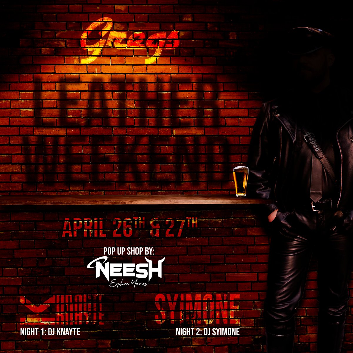 The wait is over, coming up April 26th &amp; 27th, Leather Weekend is back! If you've been to one of these weekends before, you know it's one of the hottest weekends.

We have two great DJs to  keep you moving, DJ Knayte &amp; DJ Syimone.

Plus, Neesh will have a pop-up shop!