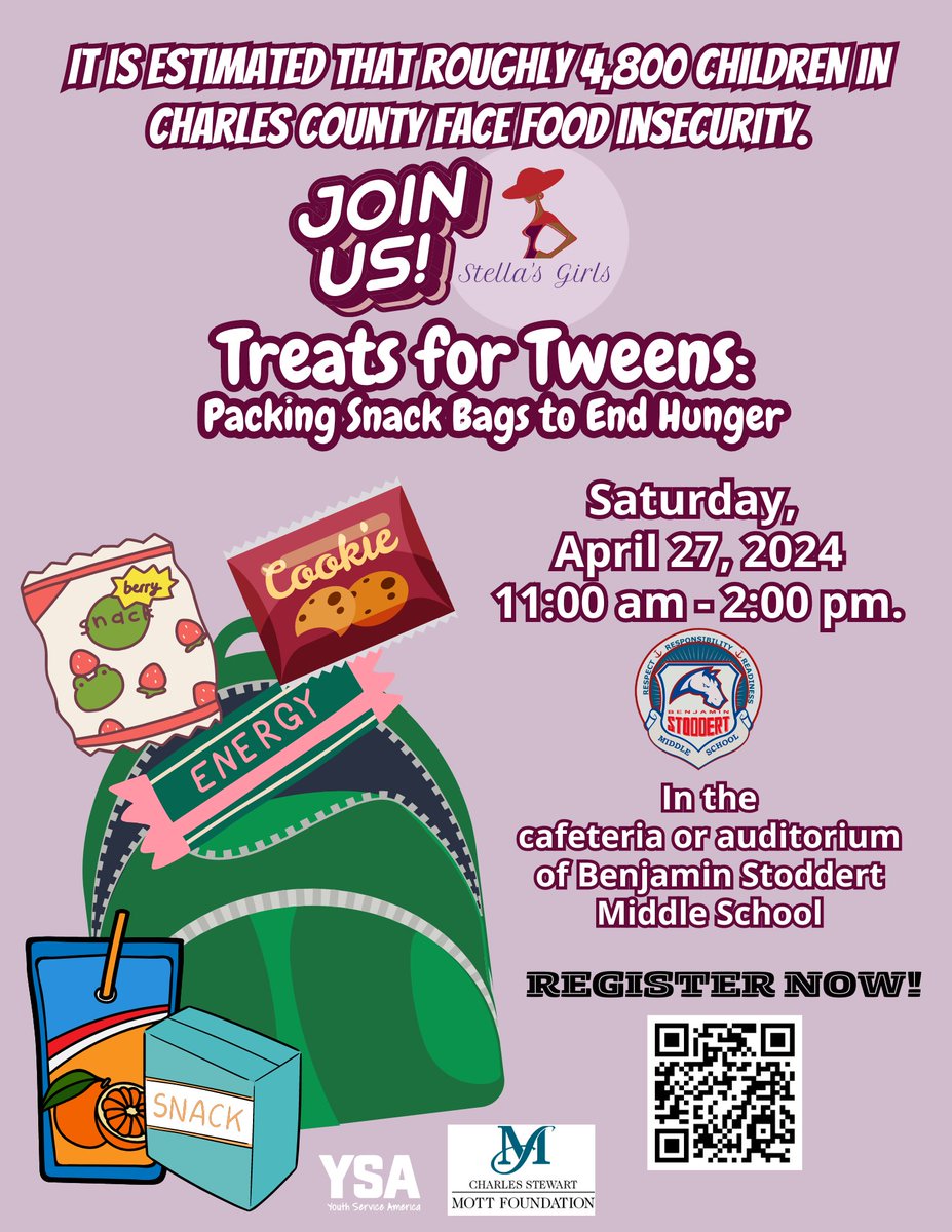 Come participate in our #TreatsforTweens: Packing Snack Bags to End Hunger event on April 27, 2024, from 11:00 am to 2:00 pm @StoddertCCPS @CCPS Register Now on ow.ly/qiK550RjQni @americorps @youthservice @mottfoundation #GYSD24 #GlobalYouthServicDay