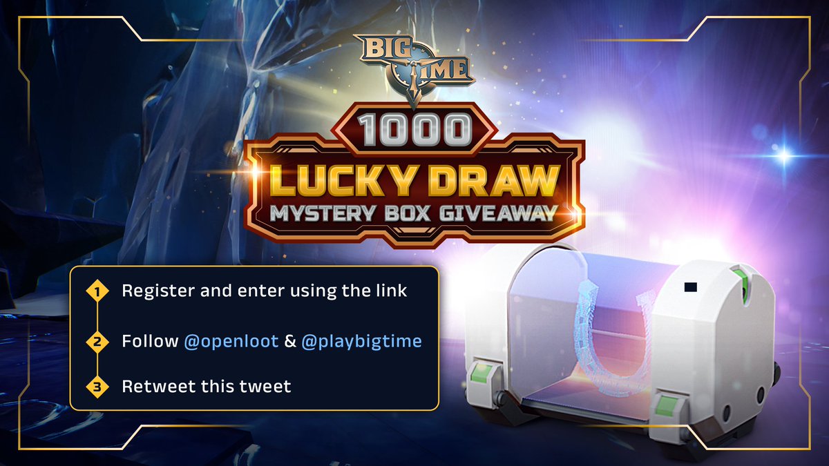 REMINDER! 🎁 MASSIVE Big Time Giveaway! 🎁 1000 Lucky Draw Mystery Boxes are up for grabs! 💯 Starting now and ending 4.26.24 at 12PM PST 1️⃣ Register here: openloot.com/giveaways/bigt… 2️⃣ Follow @playbigtime and @OpenLoot 3️⃣ Retweet this tweet