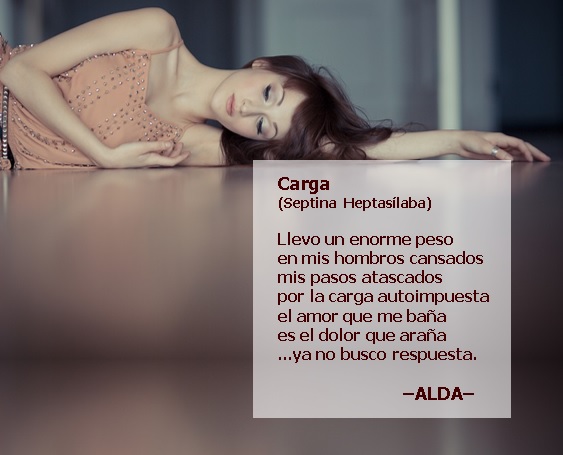 CARGA #Septina✳️ #Heptasílaba –– Llevo un enorme peso en mis hombros cansados mis pasos atascados por la carga autoimpuesta el amor que me baña es el dolor que araña ...ya no busco respuesta. (ALDA) #LaVidaEnVersos #22abril #LYF15 ✳️Estructura creada por @GraceBorrello