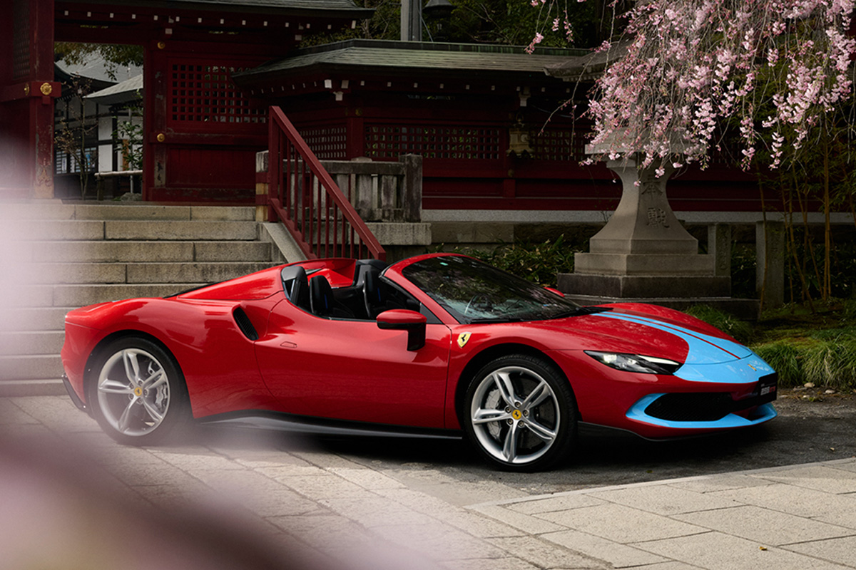 Let your excitement bloom with the #Ferrari296GTS #AssettoFiorano - an efflorescent masterpiece through and through, from its clean lines to its striking livery, standing out against the soft spring blossoms. #Hanami #花見 #桜 #さくら #Japan #Ferrari