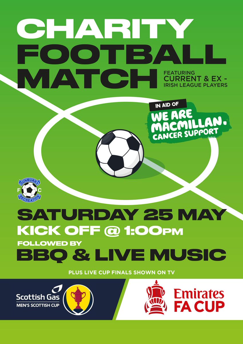 Special charity match arranged by friends of the club Ben Cushnie &amp; Decky Dunne comprising current &amp; ex Irish league stars on Saturday 25th May. 

All proceeds for our MacMillan Mighty Hike Team, link below with over £2500 already raised. 

justgiving.com/team/dunmurry-…