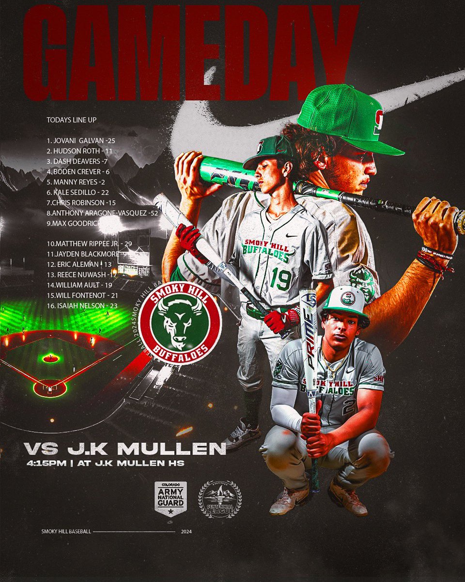 #GameDay Smoky Hill vs JK Mullen ⌚️ 4:15 P.M. 📍at Bill Swift Field @ JK Mullen High School 🎥 @GameChanger 🎟️ Admission FREE 🍔 Concessions Available