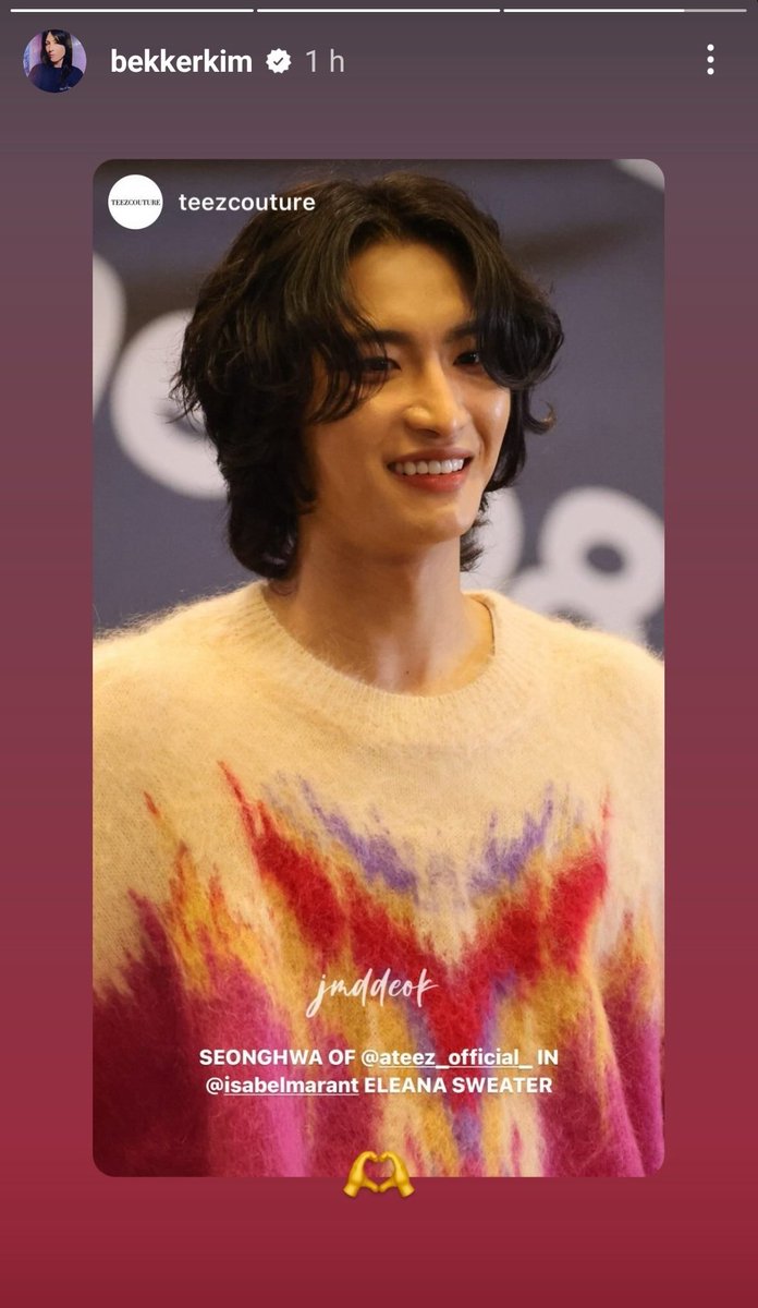 [📷] Kim Bekker, Isabel Marant creative director, reposted Seonghwa’s picture wearing a sweater from the brand #ATEEZ #에이티즈 #SEONGHWA