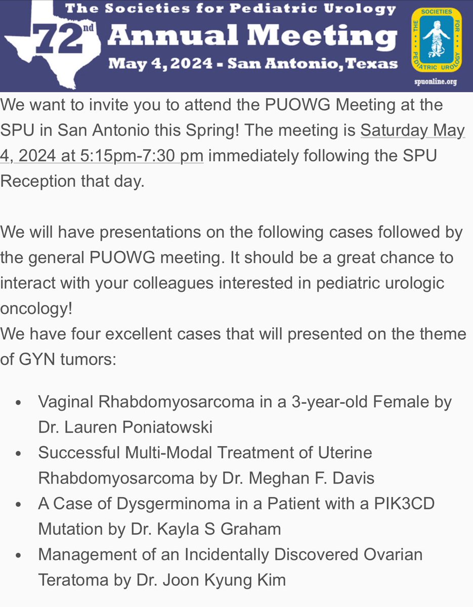 Is there a better place to promote female health than Texas? Join us for compelling cases focusing on pediatric gynecologic malignancies after the SPU reception in the main conference hall. I look forward to seeing you there! <a href="/PedsUroOnc/">Pediatric Urologic Oncology Working Group</a> #AUA24
