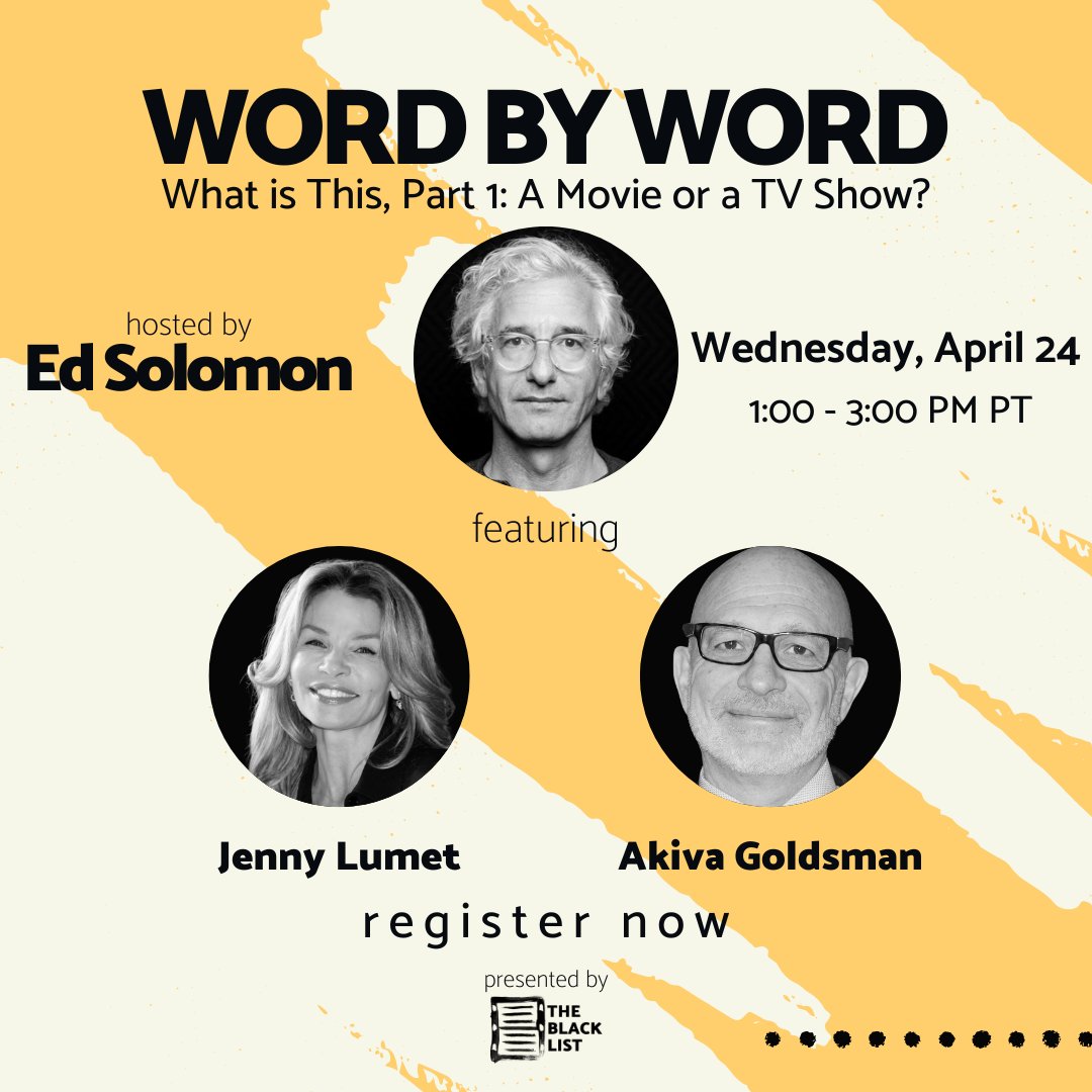 Join us + @ed_solomon for #WordByWord Wednesday at 1PM PT! Jenny Lumet (CLARICE, RACHEL GETTING MARRIED) + @AkivaGoldsman (THE CROWDED ROOM, A BEAUTIFUL MIND) will join Ed for a spirited discussion about writing for film, TV + STAR TREK! RSVP here: bit.ly/3QggoMG