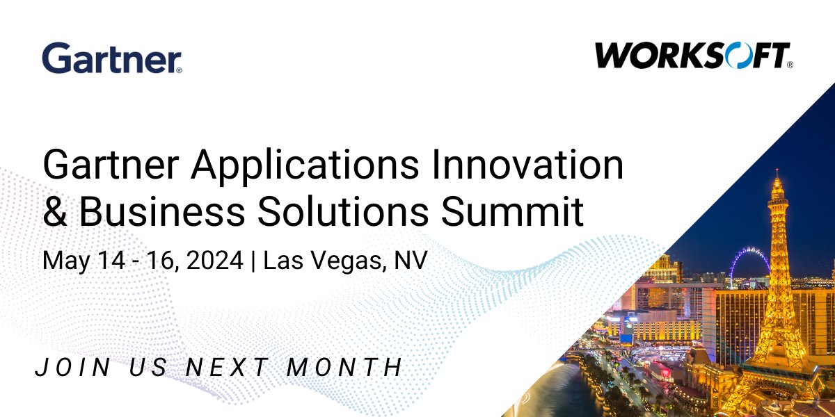 Worksoft is a proud sponsor of this year's Gartner Summit in Las Vegas, May 14-16. We're so excited to join other experts and industry peers to share practical tools and insights to achieve mission-critical priorities. 

Mark your calendars and we'll see you at Booth #406!