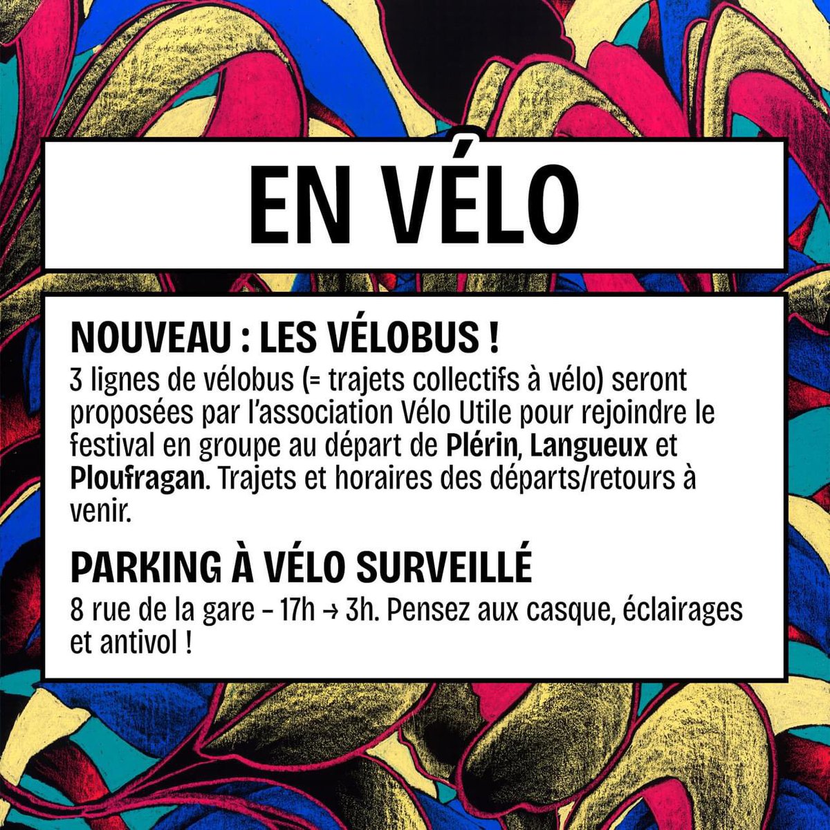 VeloUtile's tweet photo. Comment aller à @FestivalArtRock  ? À  vélo bien sûr . @VeloUtile vous accompagne chaque jour au départ de Plerin, Ploufragan et Langueux, jusqu’au parking vélo sécurisé rue de la gare 🚲🚲🚲🚲🚲🚲🚲🚲🚲🚲🚲
Départ à 18h, retour à 0h45. Pensez à vos lumières pour le retour 😉 https://t.co/Xq2PtUjm5d