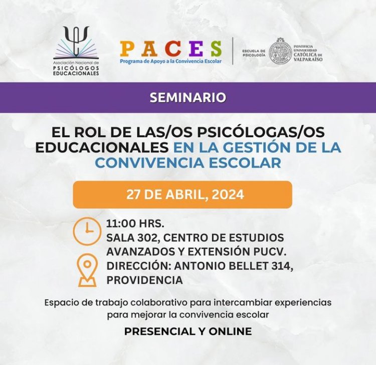 ❤️NOS VEMOS ESTE SABADO!!! Presencial y online
Invitan <a href="/pacespucv/">Programa de Apoyo a la Convivencia Escolar PUCV</a> y <a href="/ANPsECh/">Asoc. Nacional de Psicólogos Educacionales Chile</a>